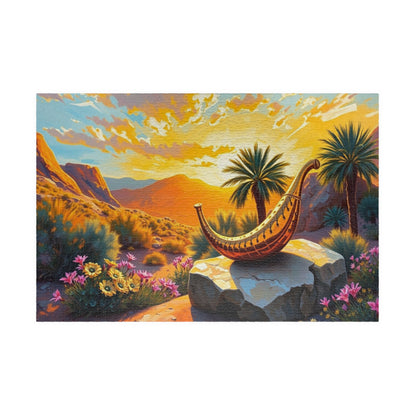 Golden Shofar Jigsaw Puzzle, Desert Oasis Landscape with Palm Trees Wildflowers, Faith-Based Religious Christian Tabletop Game, Jewish Gift