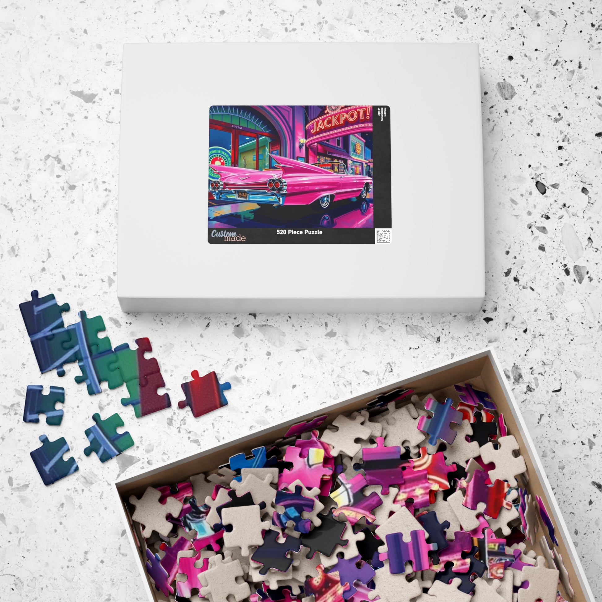 Vintage Car Puzzle - 1959 Pink Eldorado, Retro Casino and Classic Vehicle Scene Puzzle The Puzzle Chest