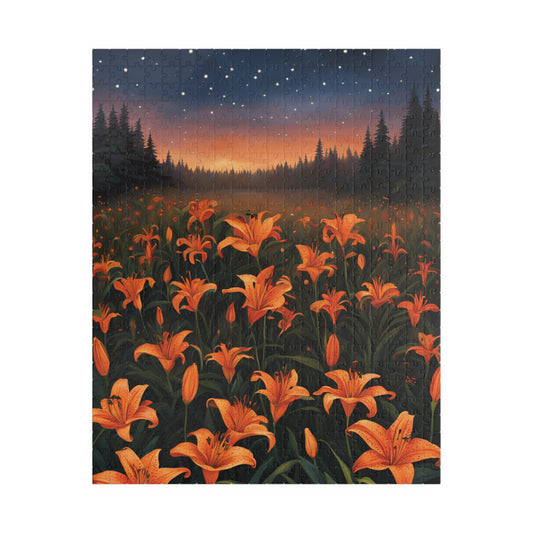 Twilight Tiger Lilies Puzzle, Floral Scene with Starry Sky, Nature-Inspired Jigsaw Game, Ideal Gift for Puzzle Lovers and Art Enthusiasts 520 pcs (Vertical) Puzzle The Puzzle Chest