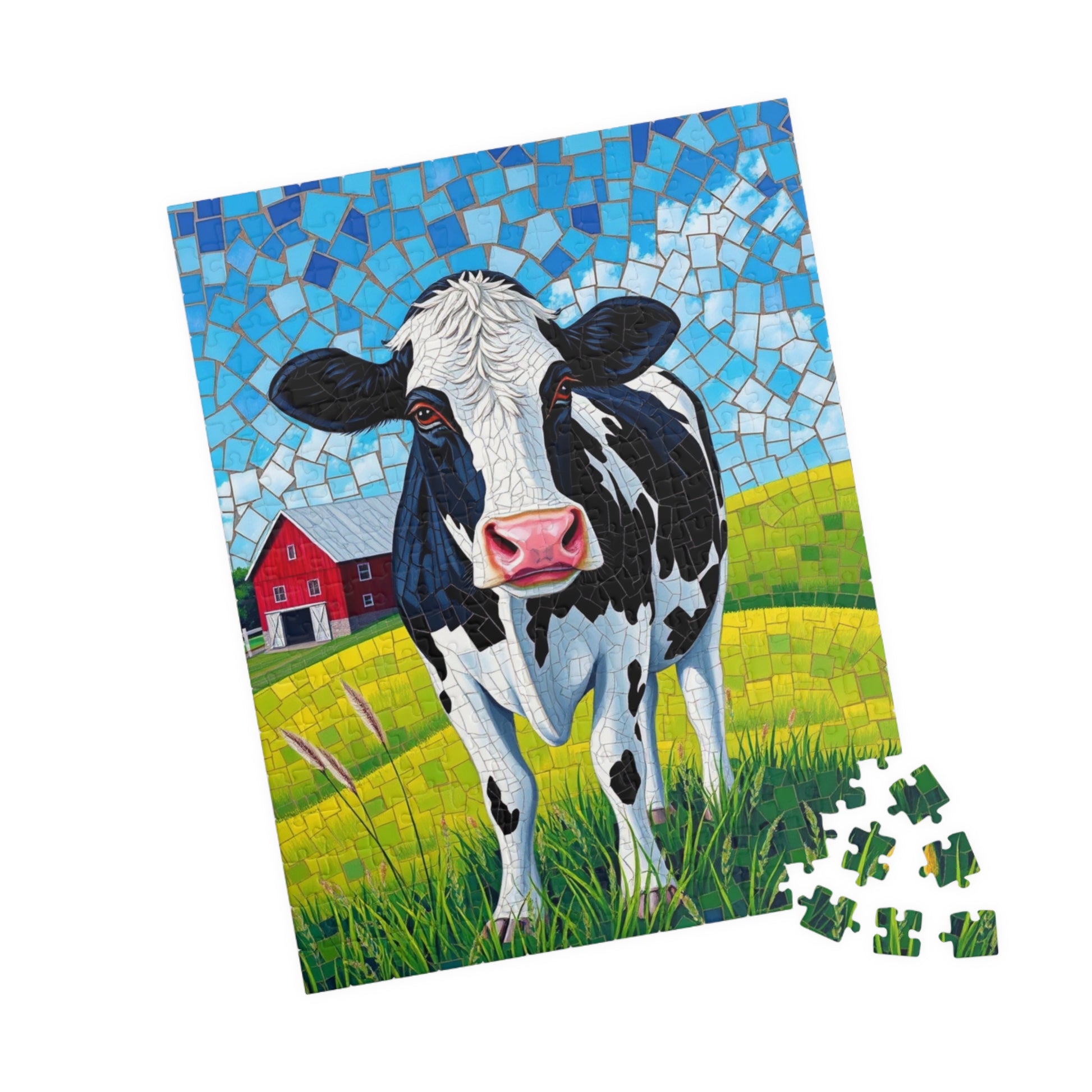 Mosaic Art Cow Jigsaw Puzzle, Peaceful Rural Landscape, Black and White Cow in a Farm Pasture with Red Barn and Blue-Sky Tabletop Game, Gift Puzzle The Puzzle Chest