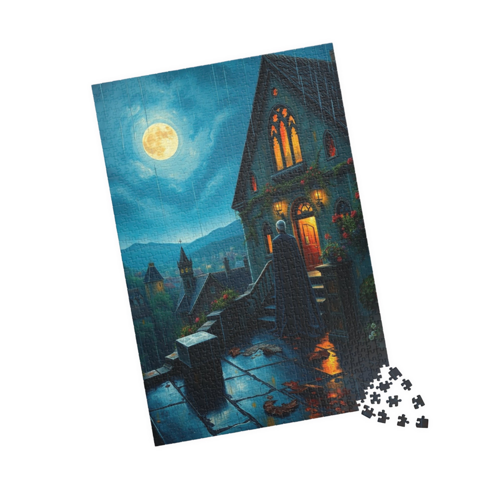 Gothic Vampire Puzzle, Rainy Night Manor Overlooking a Moonlit Village, Dark Fantasy Jigsaw Game, Gift for Lovers of Supernatural Lore Puzzle The Puzzle Chest