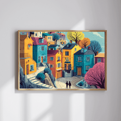 Bright Cheerful Town Jigsaw Puzzle – Artistic Houses, Winding Path, and Whimsical Neighborhood Landscape Puzzle The Puzzle Chest