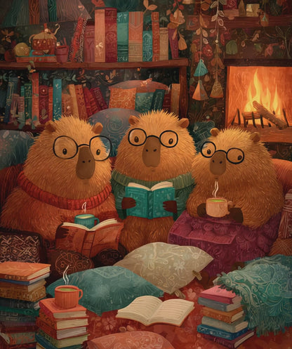 Capybaras Book Nook Jigsaw Puzzle, Cozy Animal Themed Game for Kids and Adults