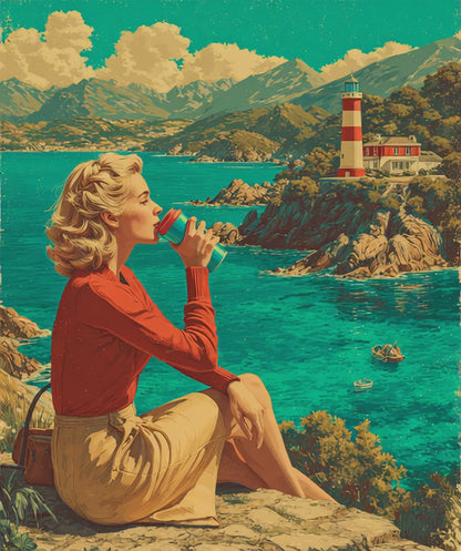 Vintage Coastal Jigsaw Puzzle – 1950s Seaside Travel Poster with Lighthouse Retro Ocean View