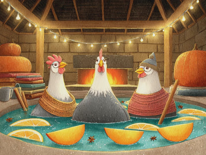 Pumpkin Spice Chicken Puzzle – Cozy Autumn Chickens in Spa Bath with Pumpkins & Cinnamon, Whimsical Fairy-Tale Jigsaw