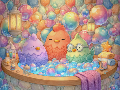 Pastel Bubble Chicken Puzzle – Whimsical Chickens in Rainbow Bubble Bath, Fairy-Tale Farm Animal Jigsaw Puzzle
