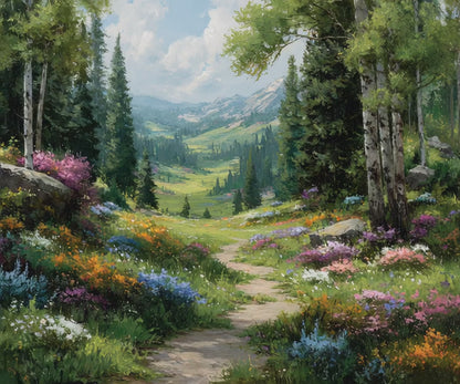 Spring Forest Path Jigsaw Puzzle – Sunlit Wildflower Meadow, Nature Inspired Floral Landscape