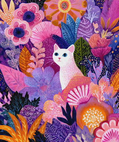 Garden Cat Jigsaw Puzzle - Vibrant Floral Fantasy Inspired by Matisse, Nature Art Jigsaw Puzzle for Cat and Art Lovers