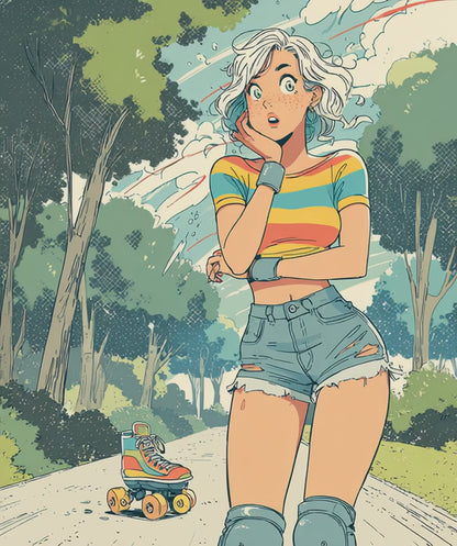 Funny Roller Skating Cartoon Puzzle for Teens and Adults – Woman Skating Summer Park Scene, Whimsical Watercolor Style