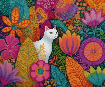 Cat Among the Flowers – Garden Cat Jigsaw Puzzle, Animal Theme Fauvist Flower Art Puzzle, Cartoonish