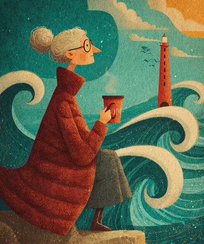 Seaside Grandma Jigsaw Puzzle - Heartwarming Ocean Cliff Storybook Scene Featuring Elderly Lady and Red Lighthouse