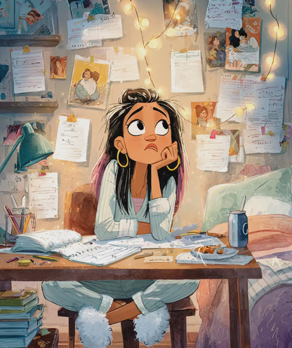 Funny Homework Cartoon Puzzle - Watercolor Jigsaw Game, Teen Girl Struggling at Desk