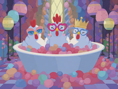 Bubblegum Chicken Puzzle – Quirky Chickens in Candy Spa Bath with Pink Foam, Whimsical Fairy-Tale Jigsaw Puzzle