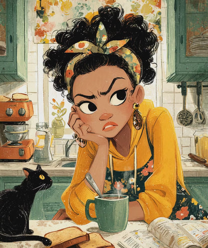 Funny Kitchen Cartoon Puzzle - Watercolor Scene of Girl Making Coffee, Character Game for Adults