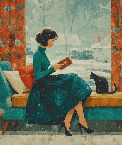 Mid-Century Winter Reading Nook Jigsaw Puzzle – Vintage 1950s Woman, Cat, and Snowy Window