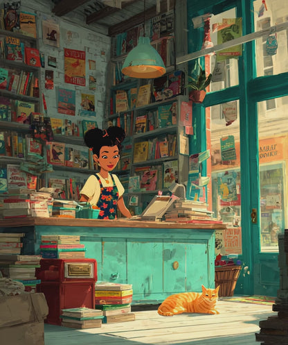 The Bookstore Cat - Whimsical Cartoon Cozy Bookshop Jigsaw Puzzle, Family Activity, Cat Lovers Gift, Perfect for Game Night