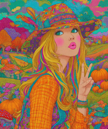 Retro Psychedelic Cowgirl Jigsaw Puzzle - Autumn Themed Cartoon Illustration, Artsy Gifts, Recreational Activities, Cozy Nights, Family Time