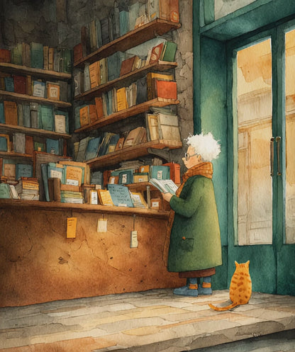 Golden Hour at the Book Nook - Cozy Bookstore Jigsaw Puzzle, Vintage Cartoon Illustration, Cat Lover, Holiday Birthday Gift for All Ages