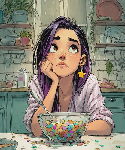 Funny Breakfast Cartoon Puzzle - Watercolor Jigsaw Game, Girl with Spill in Kitchen, Thoughtful Moments