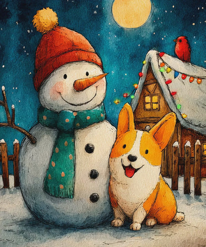 Moonlit Companions - Snowman and Dog Jigsaw Puzzle, Christmas Winter Themed Holiday Game