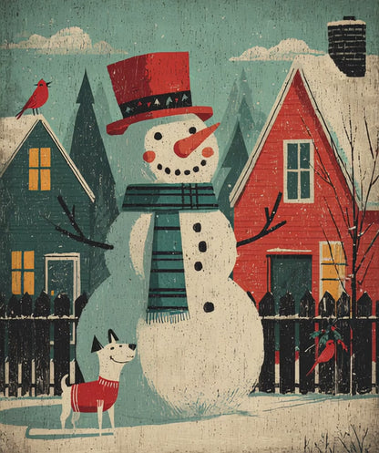 Retro Holiday Cheer Puzzle - Snowman and Dog, Winter Vintage Style Illustration, Ideal for Holiday Activity, Family Game, Festive Gifts
