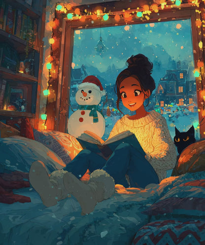 Christmas Window Glow Jigsaw Puzzle – Woman Reading by the Window with Fairy Lights, Snowman and Black Cat