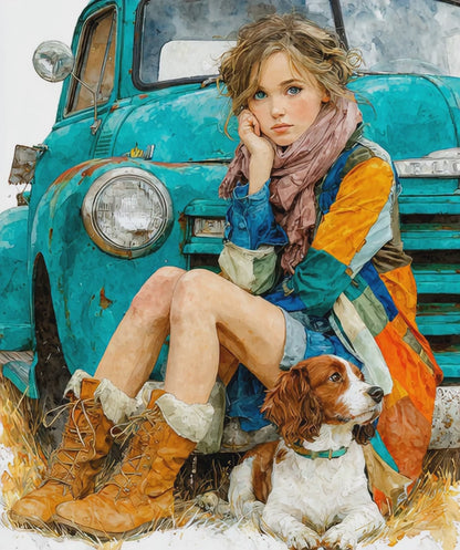 Rustic Country Girl and Dog Jigsaw Puzzle - Vintage Truck and Spaniel Companion