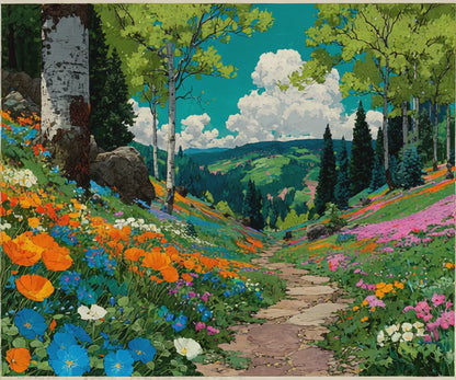 Wildflower Trail Jigsaw Puzzle – Peaceful Spring Path Through a Lush Forest, Nature Inspired Landscape Scene