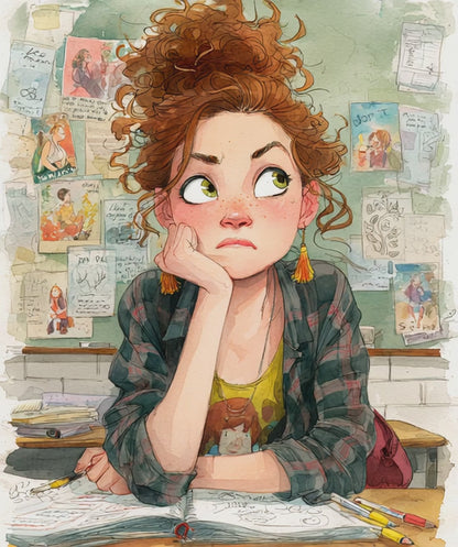 Funny Student Classroom Cartoon Puzzle - Girl at Desk with Whimsical School Background