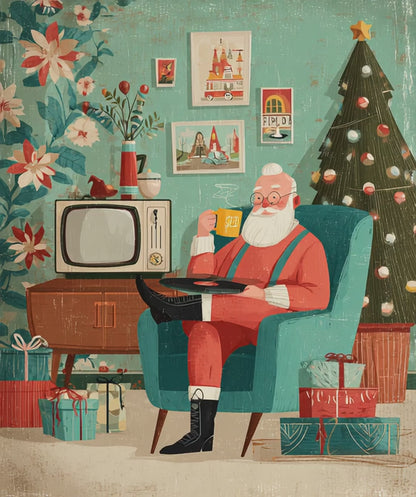 Christmas Puzzle - Santa's Cozy Livingroom Jigsaw, Retro Cartoon Illustration
